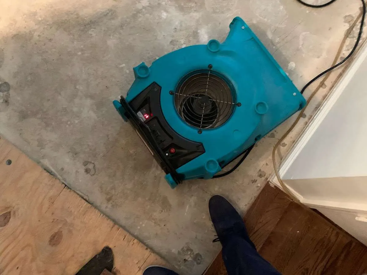 Air mover drying subfloor during Leak Detection & Repair in Atascadero